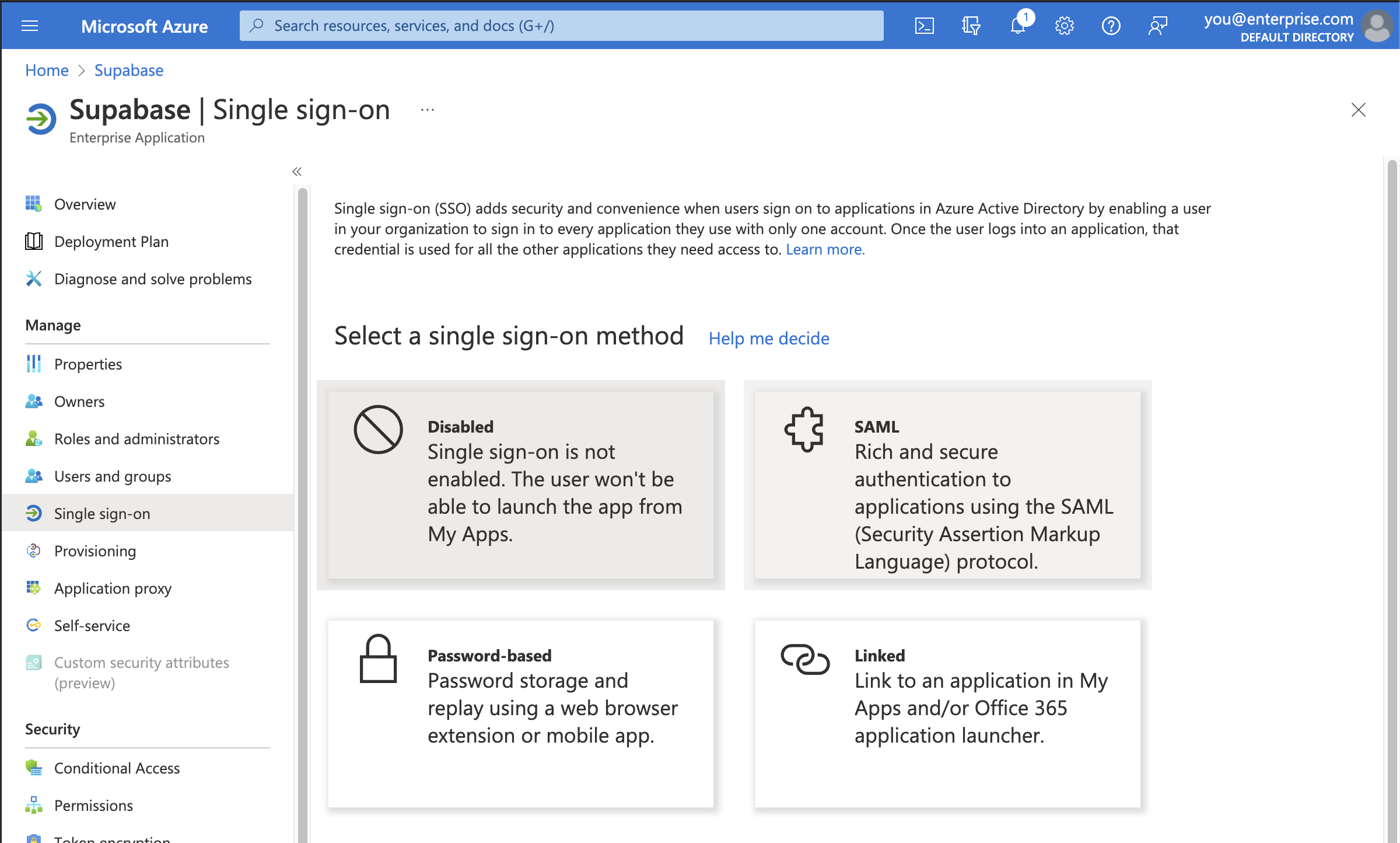Azure AD console: Supabase application, Single sign-on configuration screen,
selected SAML