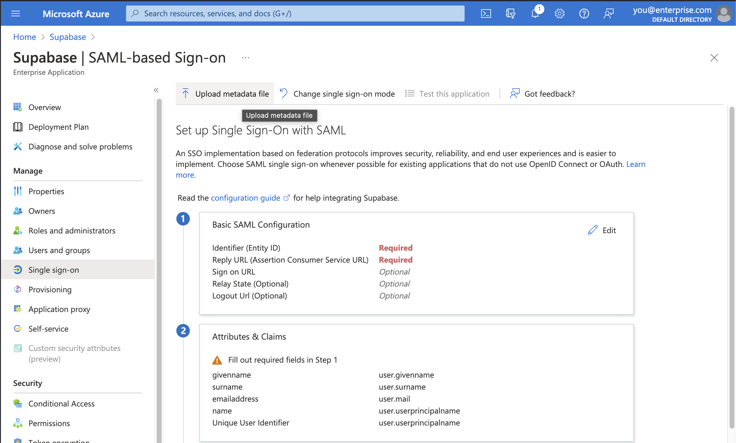 Azure AD console: Supabase application, SAML-based Sign-on screen,
selected Upload metadata file button